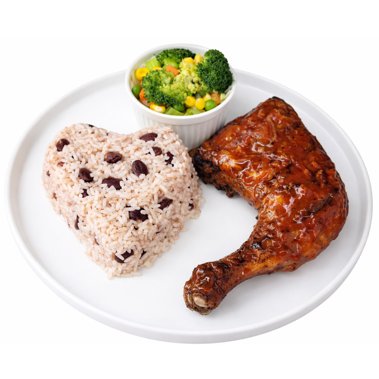 BBQ Chicken with Rice and Peas and Steamed Vegetables