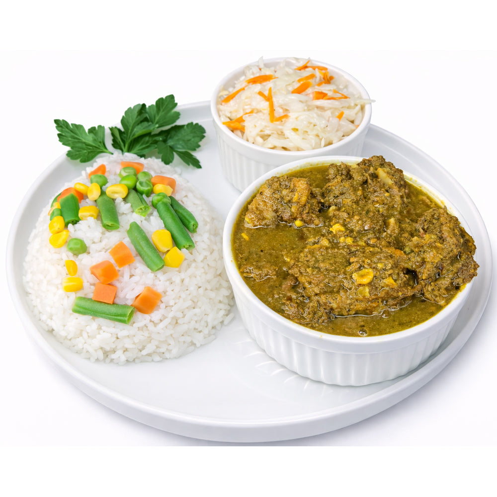 Curried Goat, Buttered Caribbean Vegetable Rice, Coleslaw