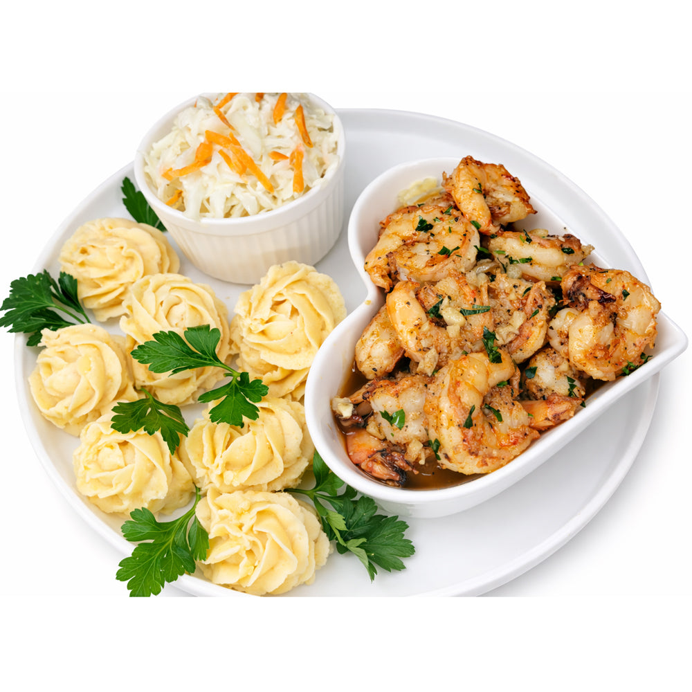 Garlic butter Shrimp, Creamy Garlic Mashed Potatoes, Coleslaw