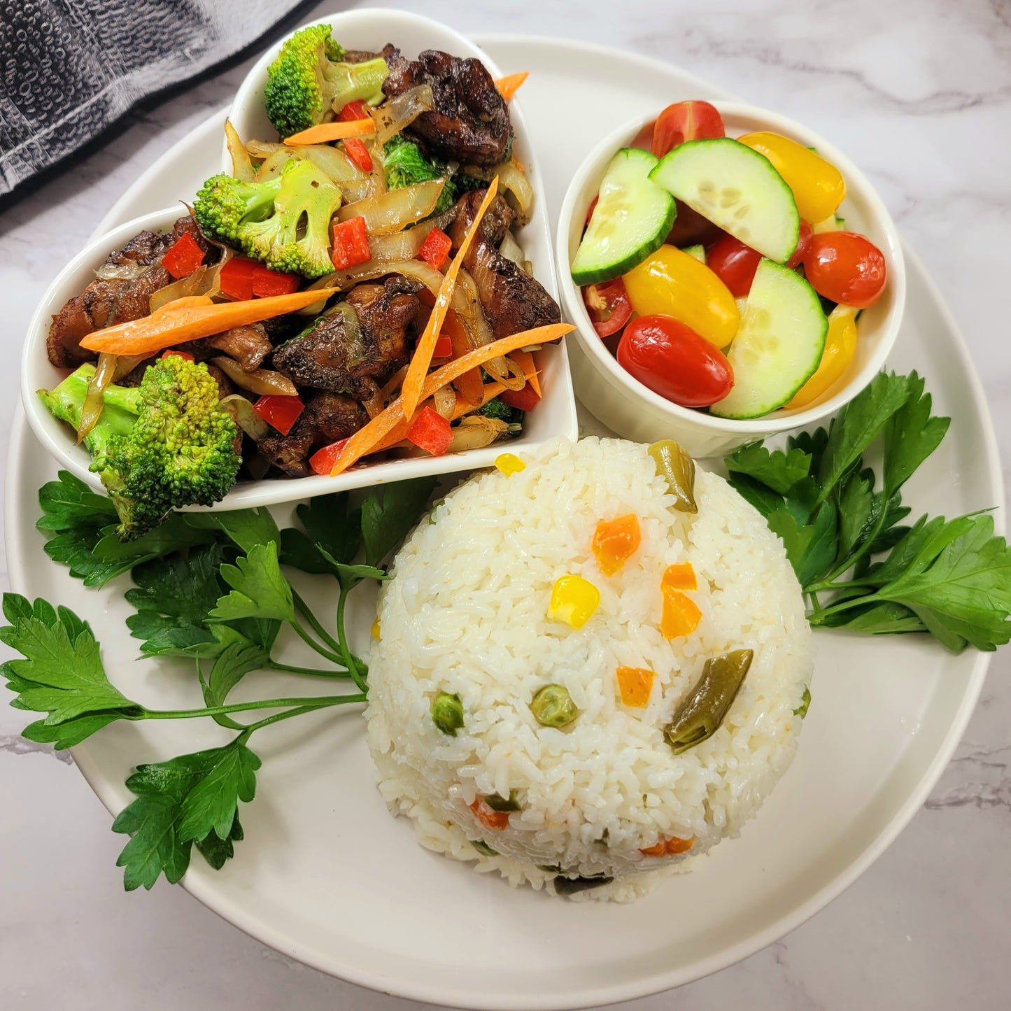 Brown Stew Chicken, Buttered Caribbean Vegetable and Steamed Vegetables