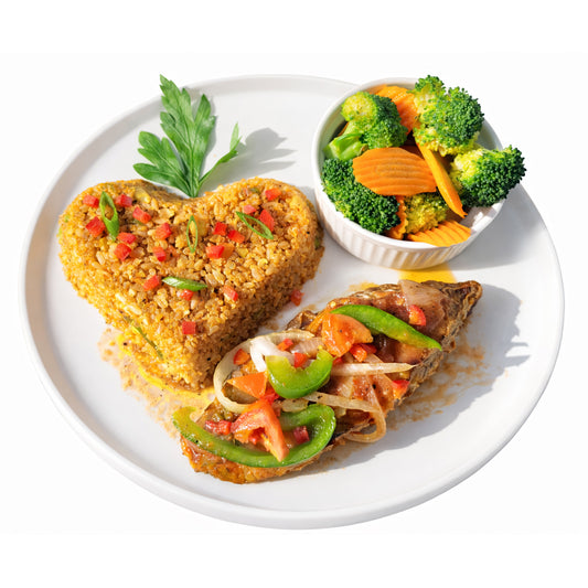 Brown Stew Fish with Habanero Rice and Steamed Vegetables