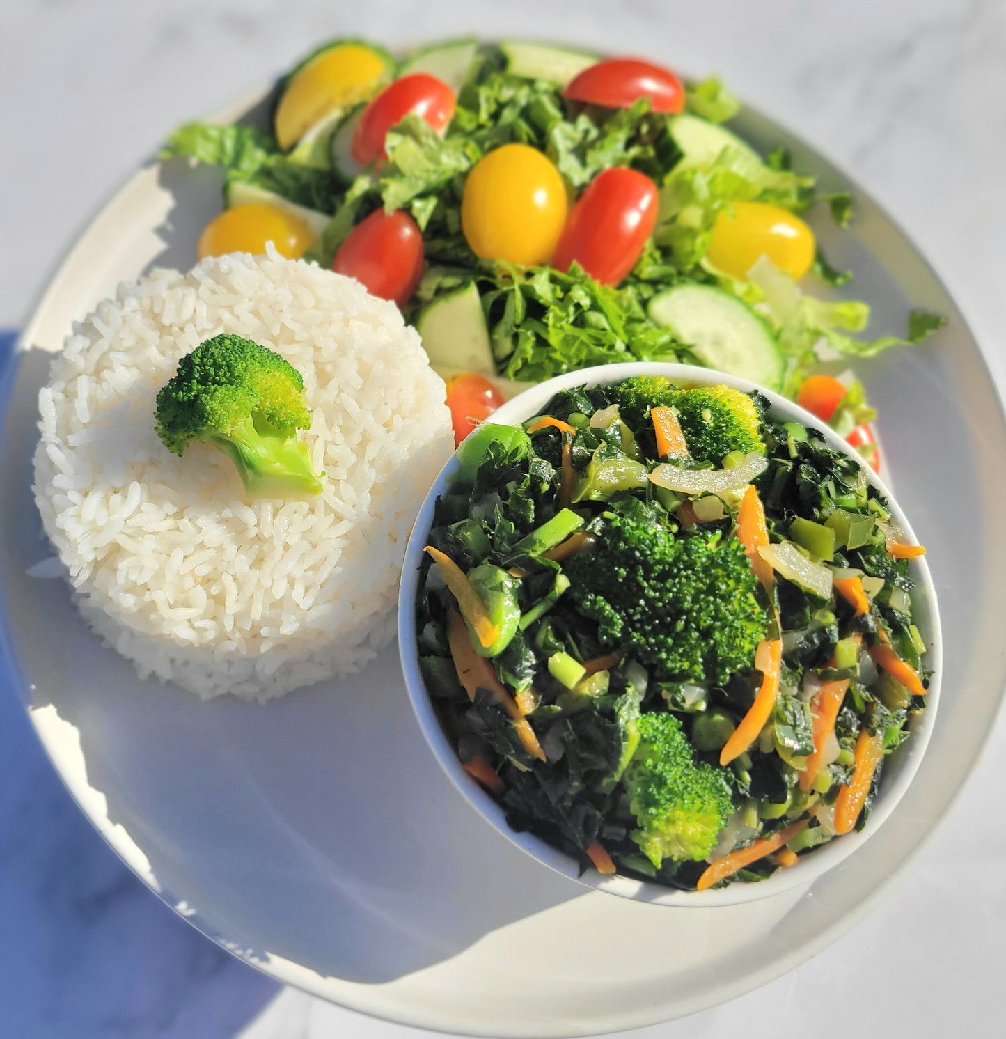 Callaloo and Vegetablewith buttered Caribbean Vegetable Rice and Garden Salad