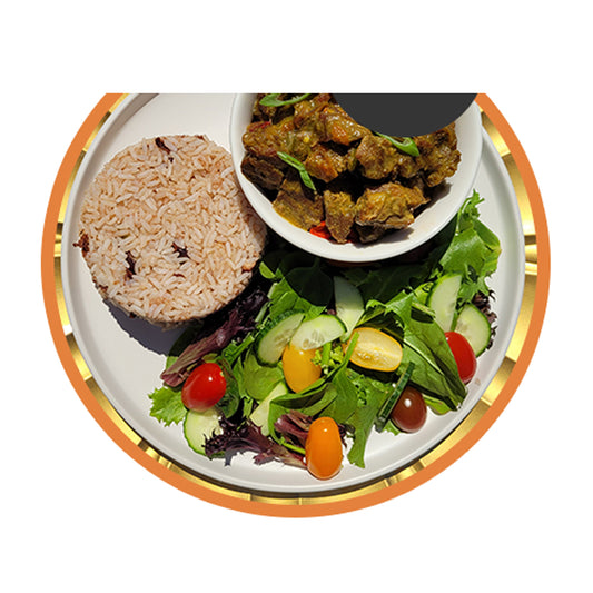 Curried Goat with Rice and Peas and Coleslaw