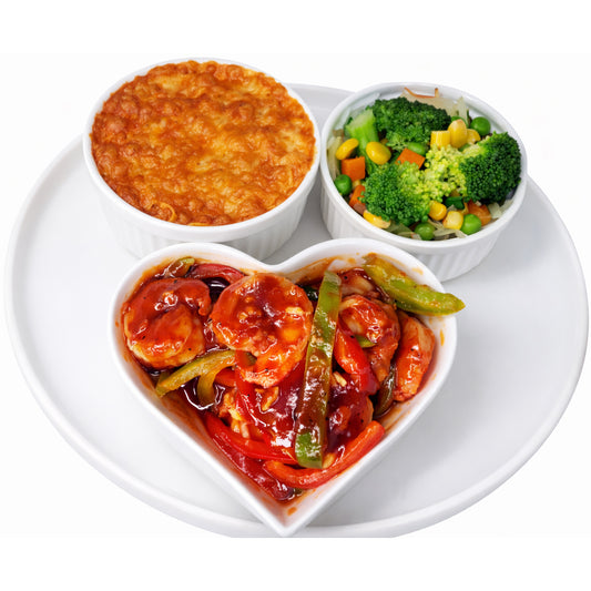 Honey Garlic Shrimp with Mac and Cheese and Steamed Vegetables