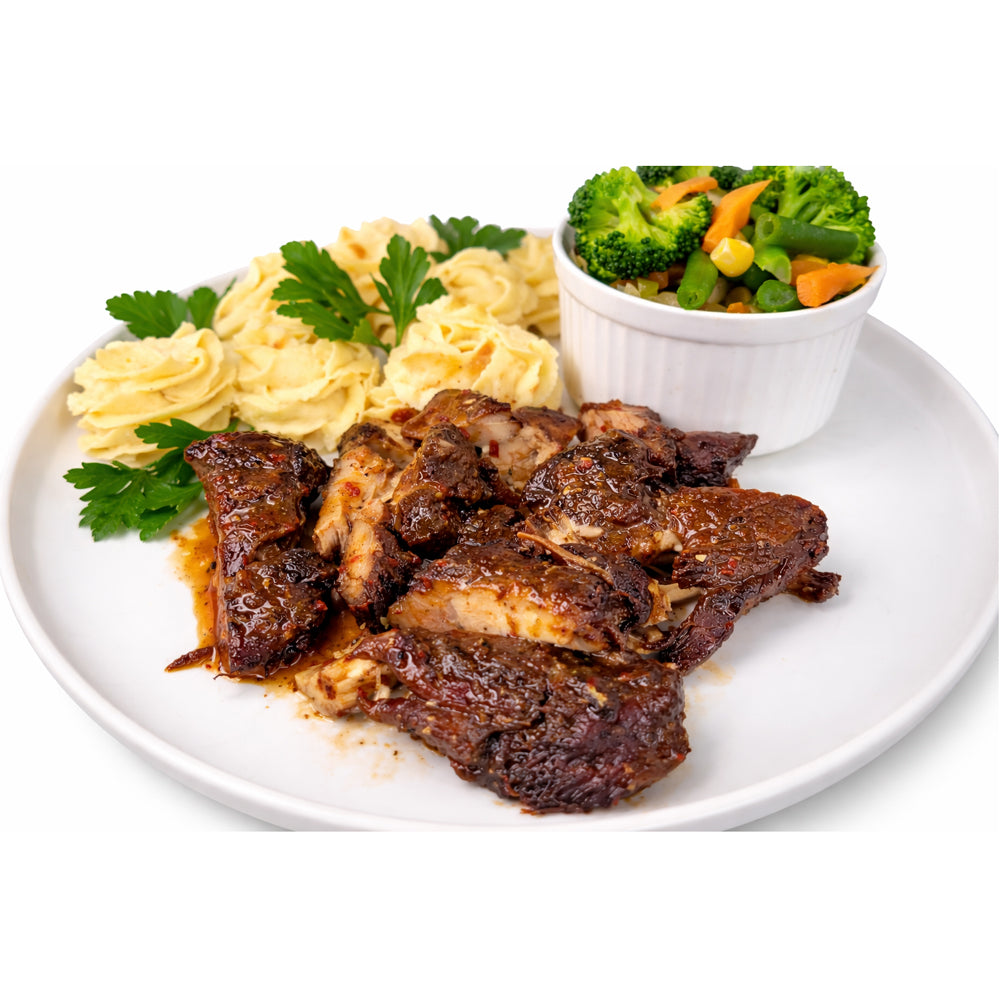 Honey Jerk Chicken, Mashed Potatoes, Steamed Vegetables