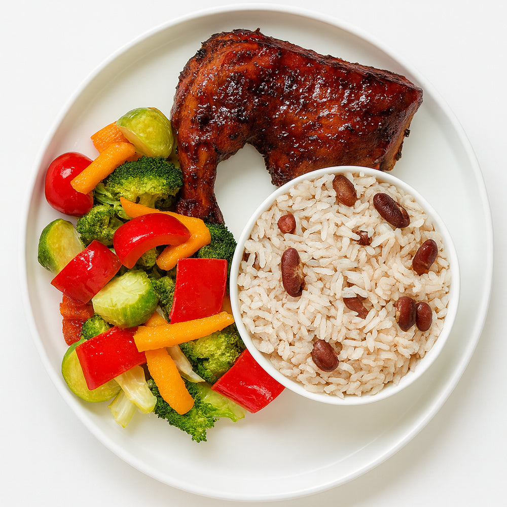 Jerk BBQ Chicken Rice and Peas, Steamed Vegetables