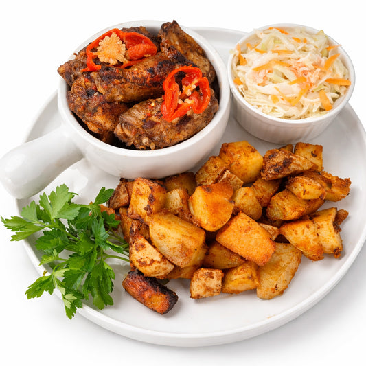 Jerk Chicken Wings Roasted Potatoes and Coleslaw