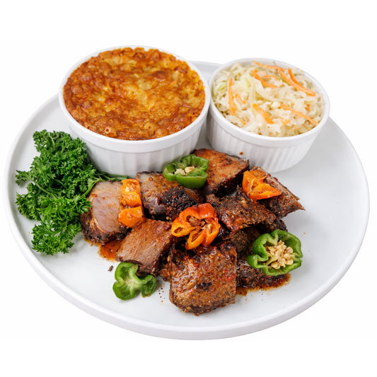 Jerk Pork and Macaroni and Cheese and Steamed Vegetables