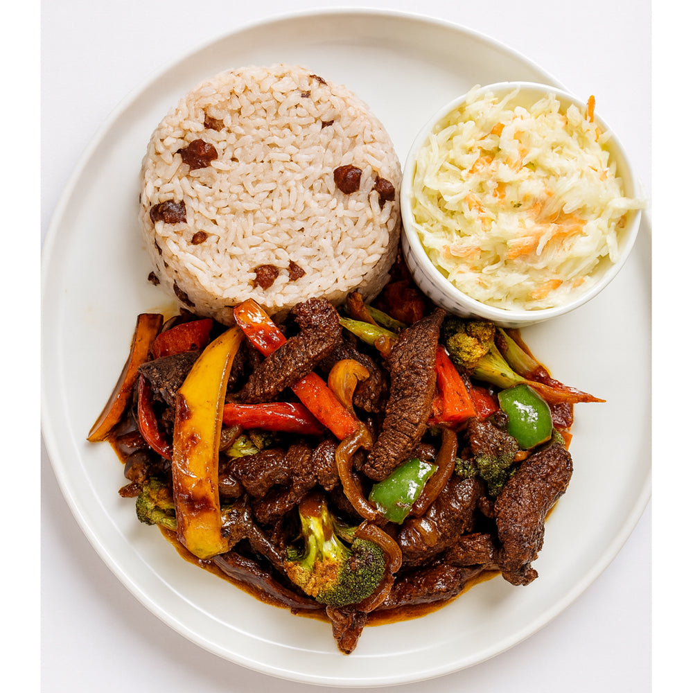 Peppered Steak, Rice and Peas, Coleslaw