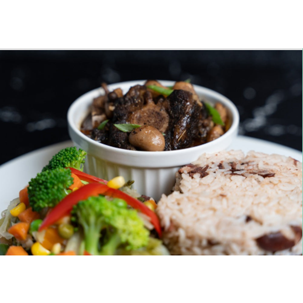 Slow-cooked Oxtail, Rice and Peas, Steamed Vegetables