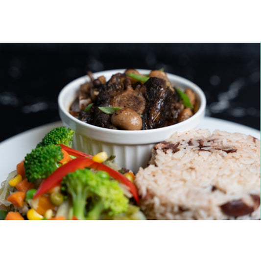 Slow-cooked Oxtail, Rice and Peas, Steamed Vegetables