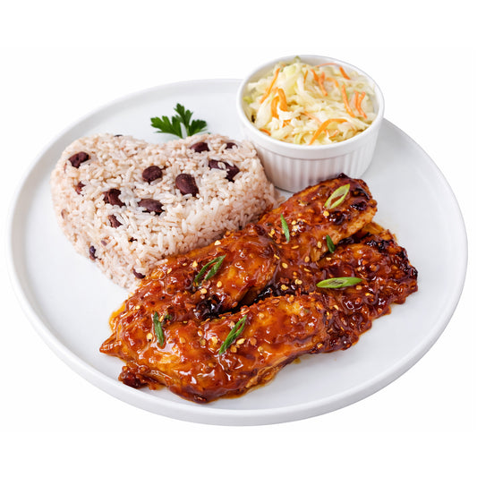 Sweet Chilli Tilapia with Rice and Peas and Coleslaw
